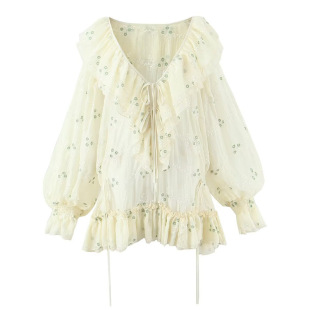 法式甜美仙女风V领荷叶边花朵刺绣绝美长袖连衣裙宽松小个子短裙