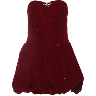 KLIOU 轻奢复古高级感亮闪闪抹胸连衣裙女气质小众显瘦掐腰蓬蓬裙