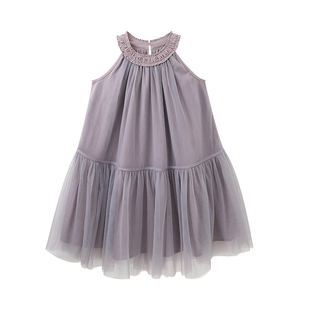 布丁哈鲁童装夏装女童洋气长裙子2026夏季新款儿童网纱挂脖连衣裙