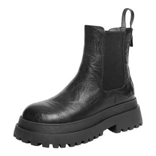 百丽女鞋子厚底增高切尔西靴冬季新款黑色休闲短靴子E7R1DDD5