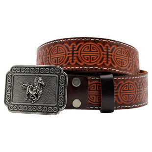 民族风蒙古元素特色皮带合金扣头立体马造型花纹头层牛皮针扣百搭