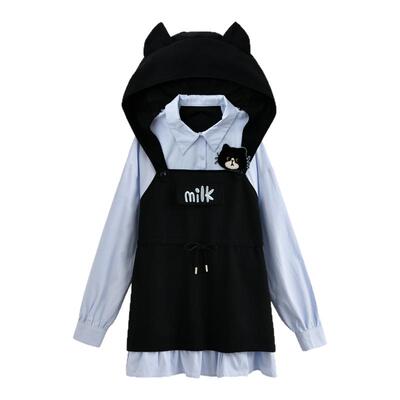 森女部落甜美风新款条纹衬衫拼接假两件设计感猫耳连帽连衣裙女春