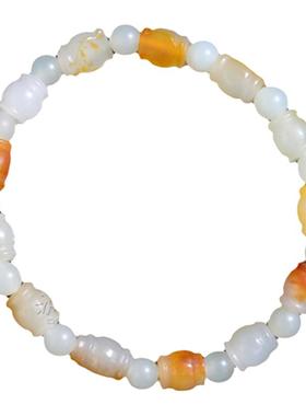 和田玉手串女款籽料天然黄沁留皮