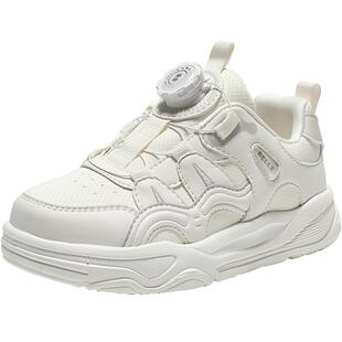 百丽童鞋简约厚底小白板鞋男女中童鞋春新款旋钮扣运动鞋26202A86