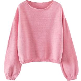 她池简约毛衣2025秋装新款女装时尚圆领灯笼袖宽松短款套头上衣