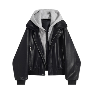 专柜黑色假两件连帽皮衣外套女士秋冬复古高级感宽松pu皮机车夹克