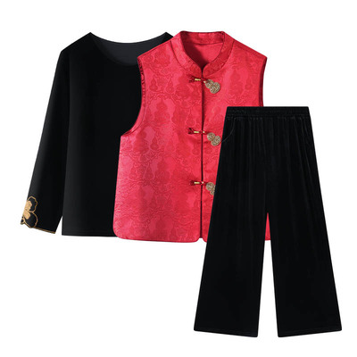 新中式妈妈春装金丝绒套装2026新款中老年人洋气马甲气质三件套女