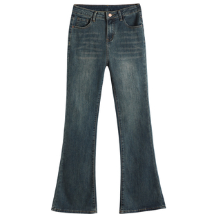 水泥灰加绒薄绒抓绒微喇牛仔裤女高腰显瘦小个子长裤微喇马蹄裤女