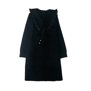 娃娃领宽松连衣裙女春秋冬季黑色长袖V领A字裙高级感中长款打底裙