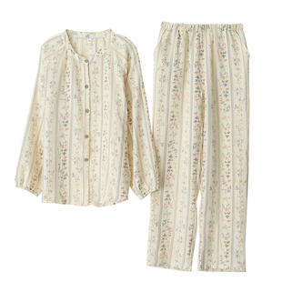 条纹碎花立领睡衣套装女士纯棉纱开衫收口长袖长裤家居睡眠服薄款