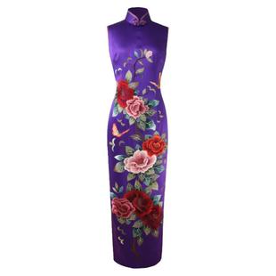 品尚华服量身定制显白紫色刺绣牡丹重磅真丝修身长旗袍礼服裙宴会