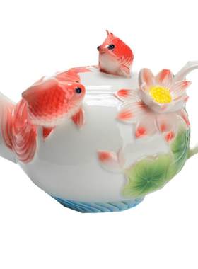 包邮珐琅瓷金鱼婚庆创意法兰茶壶