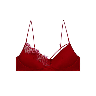 DPLAYSWEET真丝内里蕾丝细肩带内衣无钢圈文胸套装轻奢性感红色