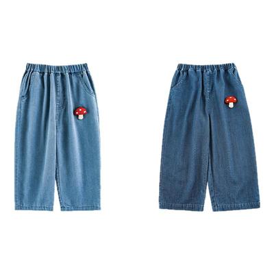 幼悠女童蘑菇玩偶绣花牛仔裤夏季洋气可爱凉爽透气宽松防蚊裤子潮