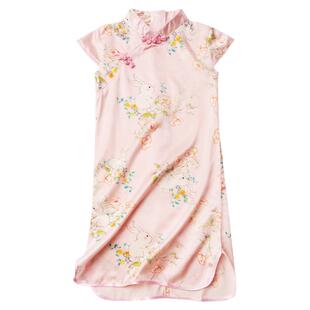 儿童真丝旗袍粉色国风女童桑蚕丝新年连衣裙宝宝中式汉服裙唐装夏