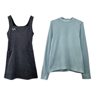 安璃 蝴蝶结胸针灰色背心裙蓝色圆领磨毛棉打底T恤减龄套装分开拍