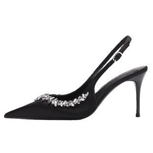 法式气质尖头黑色高跟鞋2026新款小众设计感水钻细跟凉鞋女不累脚
