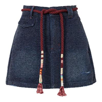 .e1设计师品牌 25冬 复古绒感撞色腰绳牛仔裙波嘻风A字显瘦短裙