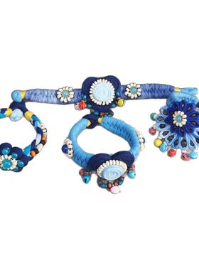 云南民族风24新款手工扎染蓝染布艺手镯流苏旅游饰品手链铃铛串珠