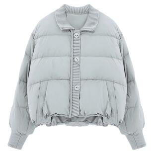 Basic House/百家好翻领拼接短款羽绒服2026蓬松纯色白鸭绒外套女