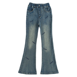 女童牛仔裤秋冬加绒儿童喇叭裤韩版洋气中大童修身微喇裤子时髦潮