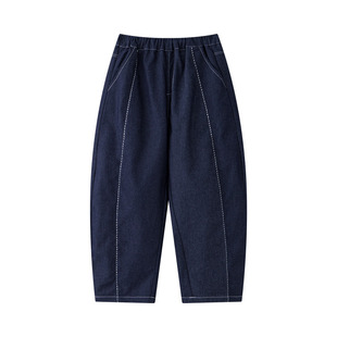 漫画家【氧气蓝牛仔裤】学院风刺绣条纹拼接不褪色牛仔儿童香蕉裤