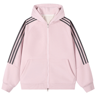 WASSUP三条杠美式复古卫衣女秋冬新款加绒宽松oversize连帽衫外套