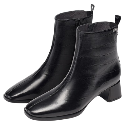 KISSCAT接吻猫[巴黎左岸]粗跟靴舒适气质高跟瘦瘦靴真皮时装靴