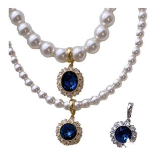 施家蓝色水晶轻奢万能扣吊坠珍珠项链配饰精致气质高级感圆形挂件