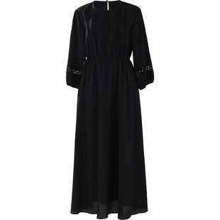 CR连衣裙子女装长裙春秋装新款松弛可调节腰宽松气质黑色镂空花边