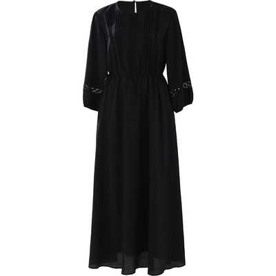 CR黑色镂空花边七分袖长款连衣裙