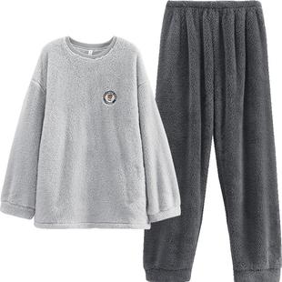 芬腾秋冬季珊瑚绒睡衣男情侣大码法兰绒套装宽松休闲保暖家居服女