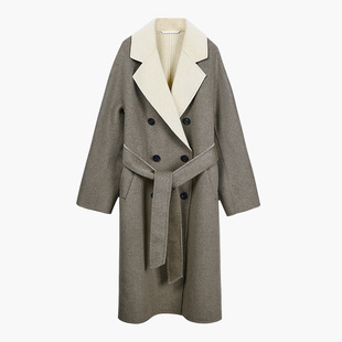 CROWNLESS未冕复古老钱蓬松感山羊绒双色双面呢撞色领腰带长大衣
