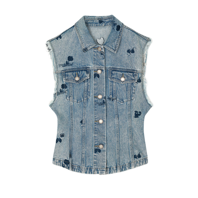 谜底秋季衬衫翻领水洗做旧潮流时尚图案刺绣牛仔马甲女223MM1169