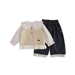 女童春装套装网红炸街宝宝春秋款韩版毛衣三件套婴儿童女孩衣服潮