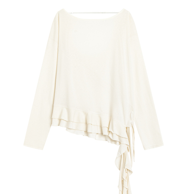 unnone item一字领露背可调节松紧拼接花边绑带棉麻微透感长袖T恤