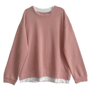 时髦精！气质宽松拼白领假两件卫衣女大版宽松遮肉圆领休闲上衣秋