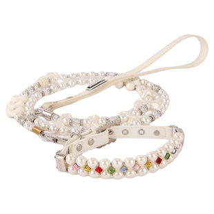 宠物外出牵引绳套装钢丝串珠遛狗绳泰迪比熊英短遛狗猫犬通用白色