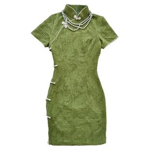 绿色棉麻旗袍2025年新款复古风优雅气质显白小个子日常女夏年轻款