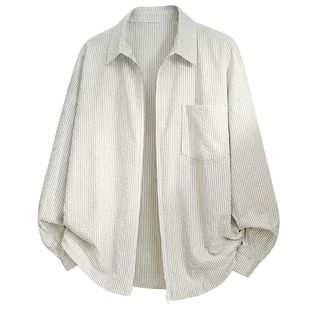 男士美式复古长袖条纹衬衫男款春季黄色开衫衬衣外套2026年新款