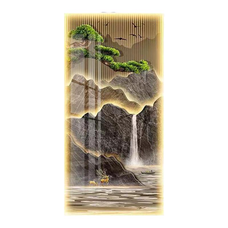 新款山水流水生财风景画高端玄关装饰画新中式壁画灯山水画靠山图