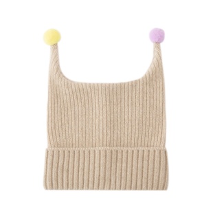 甜美范儿~秋冬款100%纯山羊绒儿童毛球触角针织帽保暖护耳帽