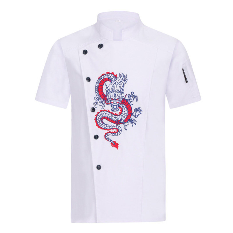 高档厨师服短袖纯棉绣龙工作服男