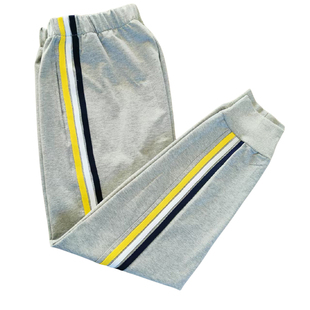 定制冬季加绒浅灰校服裤子收口拼浅黄白藏蓝条运动裤男女学生四季