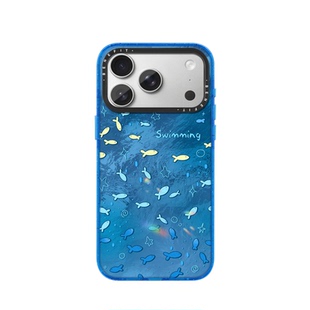 benefit深蓝海底涂鸦小鱼适用于iphone17promax苹果16PRO晶盾磁吸手机壳15新款13套14冰川纹12防摔彩色边框