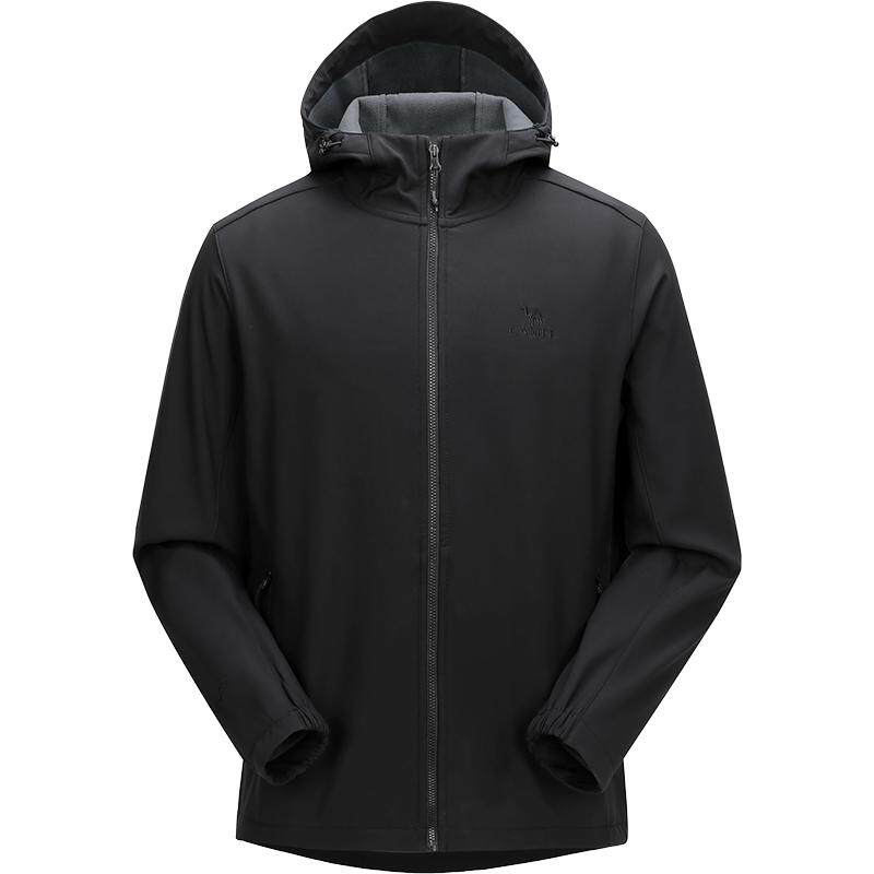 骆驼男装软壳衣户外春秋季登山防风加绒保暖立领休闲夹克连帽外套