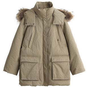 CV大码女装 户外休闲工装貉子毛领羽绒服加厚派克外套冬胖MM显瘦