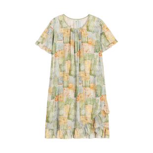 大码睡裙女夏季纯棉绸短袖薄款长裙绵绸清凉睡衣可外穿舒适连衣裙