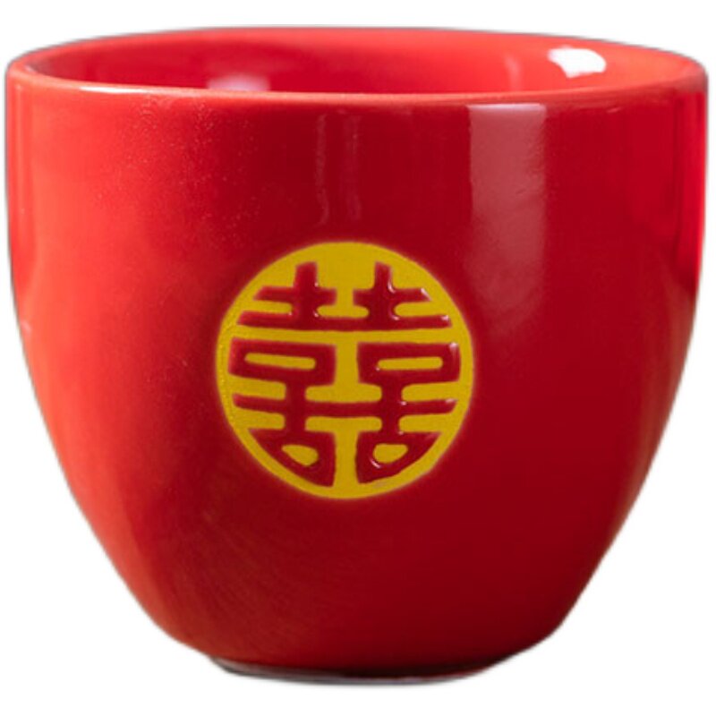 红色瓷盖碗结婚新人敬茶改口喜杯
