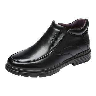 康奈男鞋冬季真皮加绒保暖爸爸鞋男士套脚棉鞋舒适中老皮靴